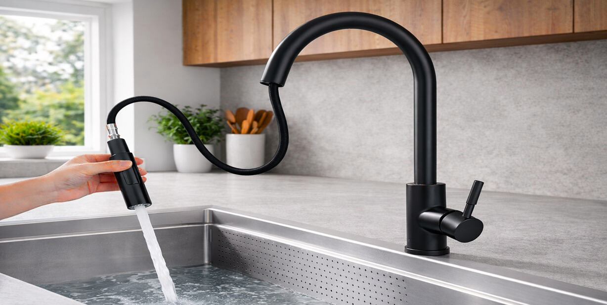 Fontana pull out touch kitchen faucet model FS1544B shown in a modern kitchen sink setting